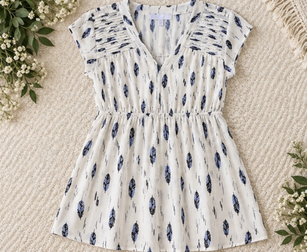 DR2 Women's Mini Dress White Blue Feather Print Size L Cap Sleeve V-Neck Boho